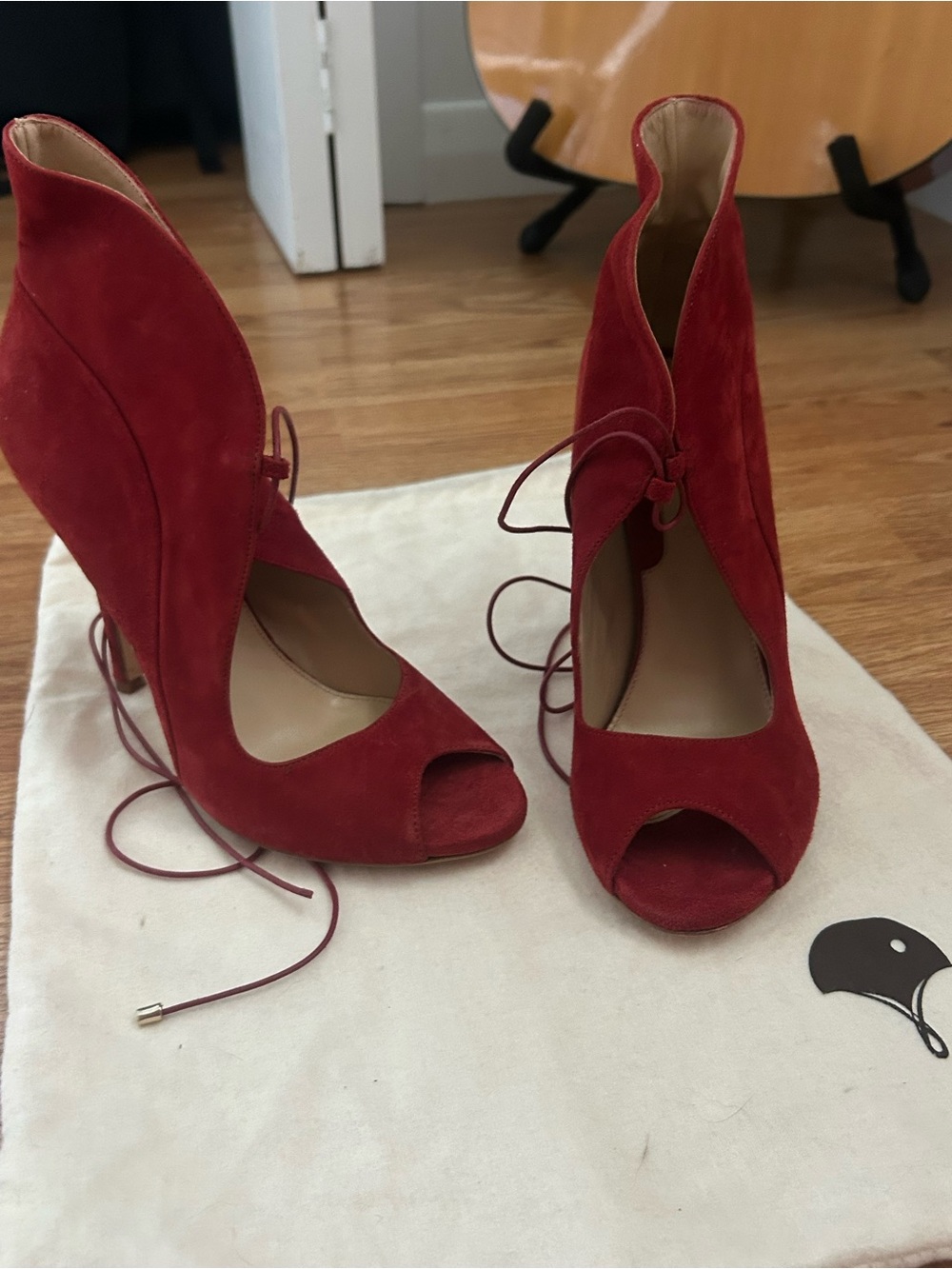Chelsea Paris Red Suede Peep-Toe Lace-Up Heels